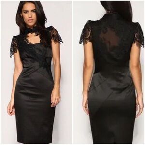 Karen Millen Black Satin and Lace Keyhole Sheath Dress Size 10